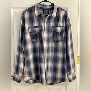 Straight Faded Lightweight Plaid Button-Down Shirt – Size L